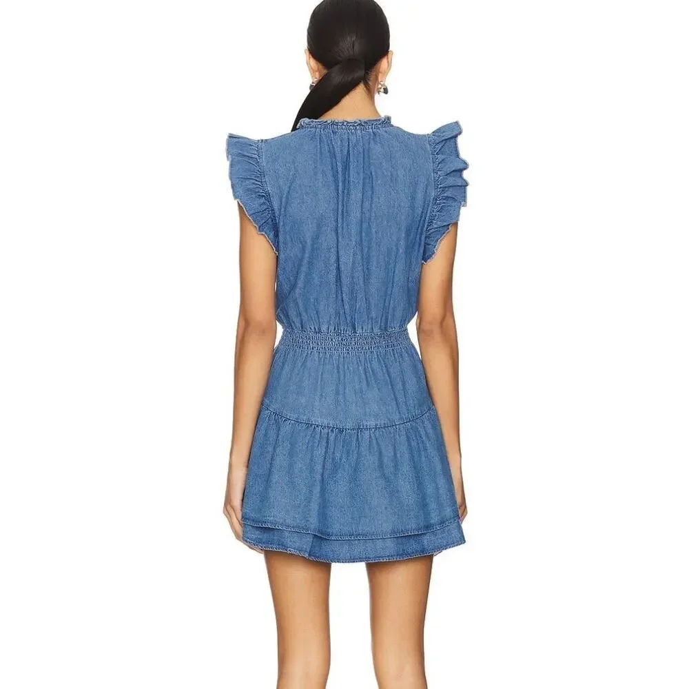 Steve Madden Prairie Dreams Chambray Blue Western Smocked Dress Size Large New - Picture 2 of 14